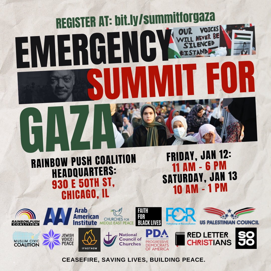 RPCoalition's tweet photo. JOIN US FOR AN EMERGENCY SUMMIT FOR GAZA
Ceasefire, Saving Lives, Building Peace on 1.12.23:11am to 6pm /1.13: 10am to 1pm at @RPCoalition 930 E. 50th Street (&amp; virtually on Zoom)
*If you would like to attend via Zoom, rather than in-person,
RSVP at https://t.co/XjkemVKGf6 https://t.co/na6BSz5IyY