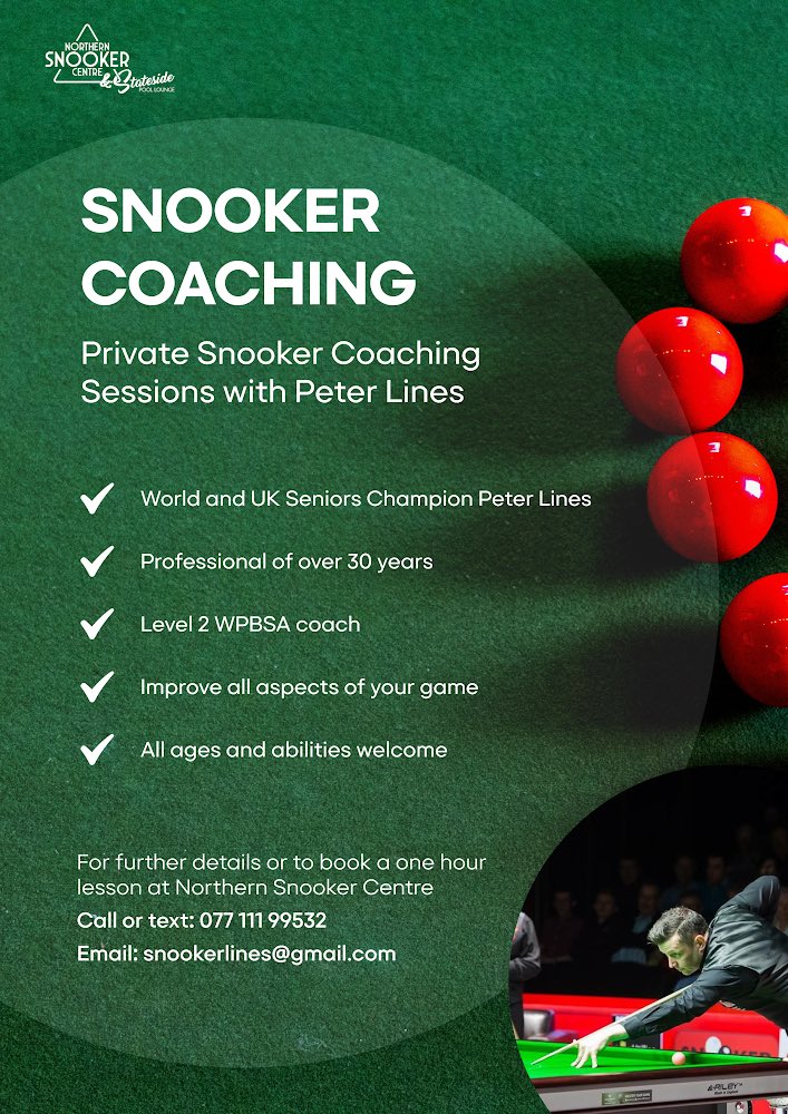 Snooker coaching with Peter. 
Bookings being taken for 2024. 
Vouchers available.

#snooker #snookercoaching #Leeds #cuesports #privatelessons #snookerlessons