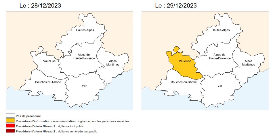 AtmoSud's tweet image. [#PICPOLLUTION] 📢  Vigilance pollution #PM10 le 29/12/2023 
Dispositif préfectoral du 28/12/2023 - Niveau information-recommandations dans le Vaucluse 

Plus d'info sur : atmosud.org/episodes-de-po…