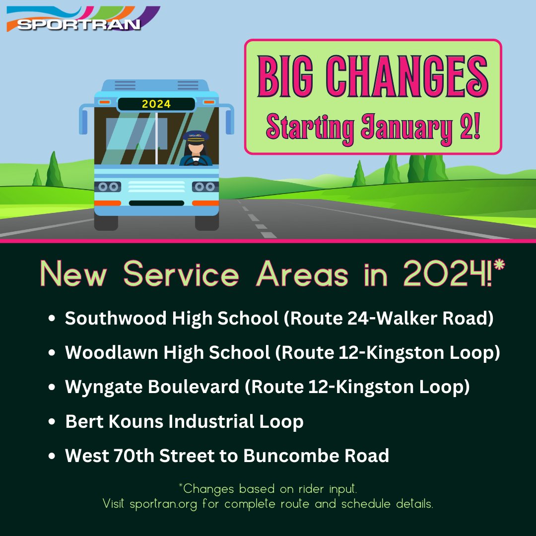 Thanks to your feedback, new service areas will be added January 2,  2024! Just one of many big changes coming to SporTran next week.

Visit sportran.org/27/Schedules-M… for details.

#Sportran #sportranondemand #cityofshreveportgovernment #CityofBossier #LoveShreveport