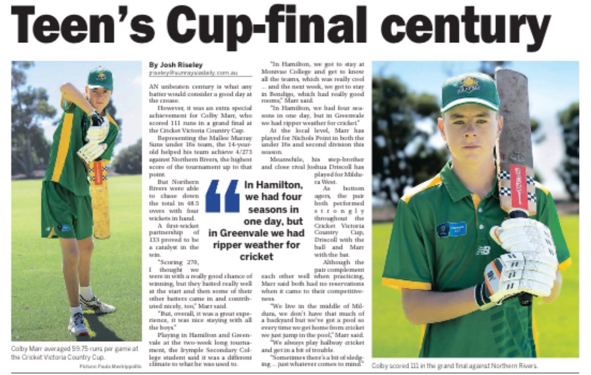 NicholsPointCC's tweet photo. Great article in today’s Sunraysia Daily about Nichols Point Cricket Club player Colby Marr scoring an unbeaten century in the Cricket Victoria Country Cup Final. https://t.co/rCjCeYcYBc
