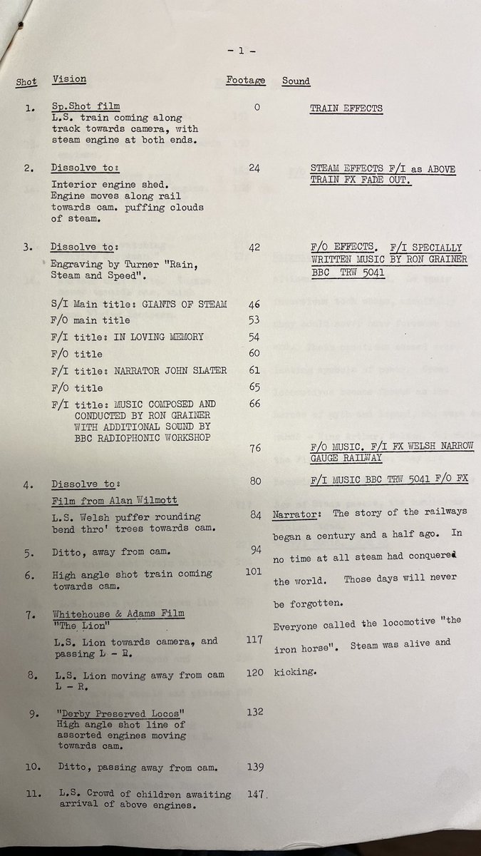 Original <a href="/BBCArchive/">BBC Archive</a> script for Giants of Steam (25 pages, 343 different shots)