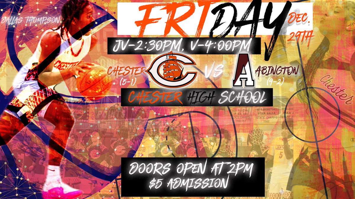 🏀Boys Basketball Chester (5-1) vs Abington (9-2) Friday, December 29th Games begin at 2:30pm Doors open at 2pm Tickets $5