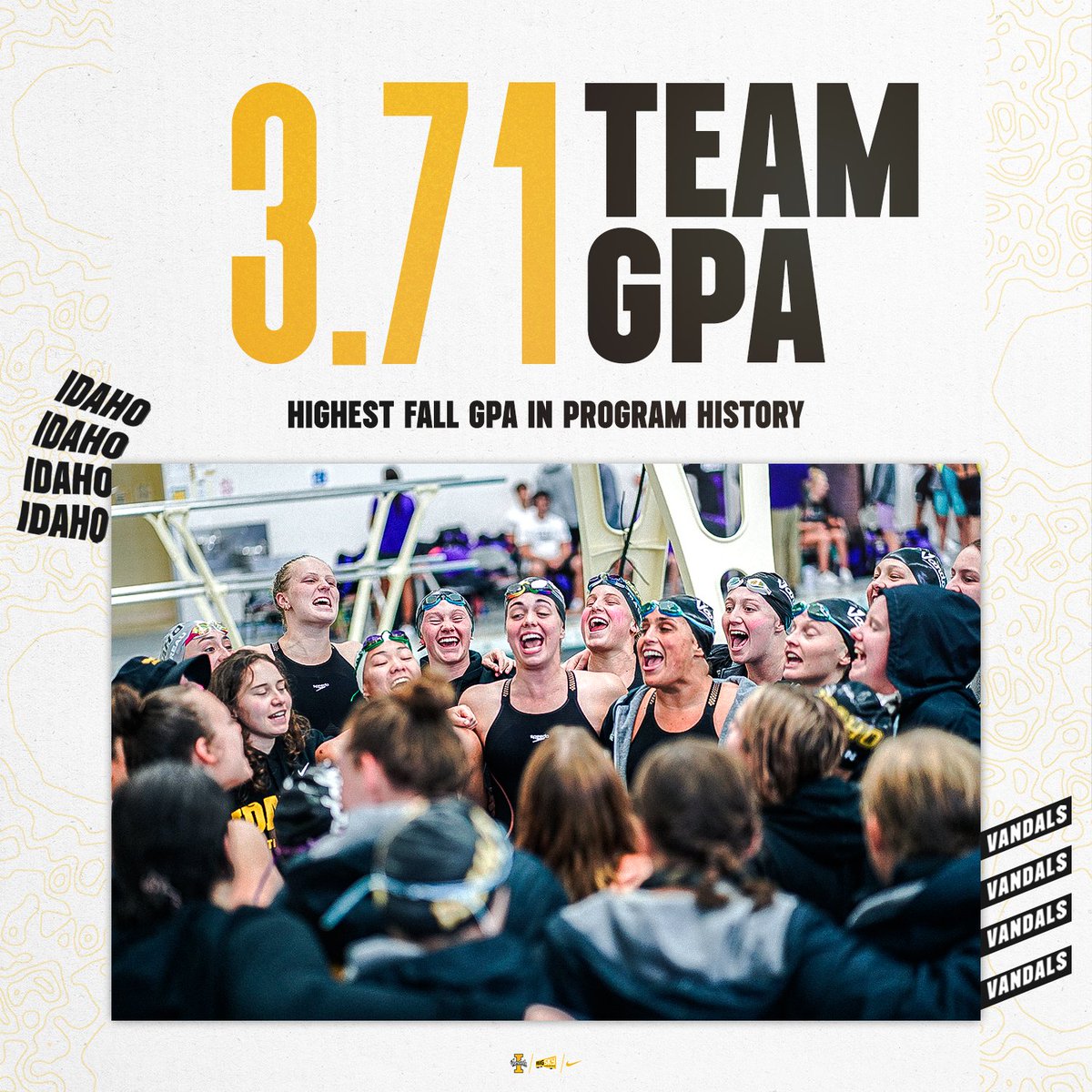 VandalSwim_Dive's tweet photo. Making strides in the classroom 🙌

Idaho swim &amp; dive posted their highest Fall GPA in program history with a 3.71!

#GoVandals https://t.co/CsKayX9onT