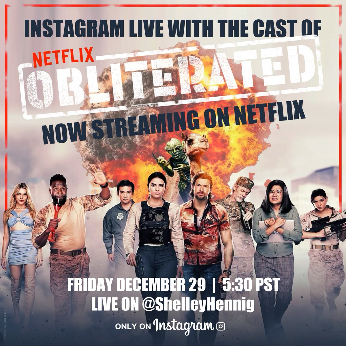 Out a month and Obliterated is still Top 10 in 60 countries around the world! Thank you for watching and spreading the word over the holidays! Let’s keep the party going at @shelleyhennig’s Instagram tomorrow for a livestream with our amazing cast! 5:30 p.m. PST! #Obliterated…