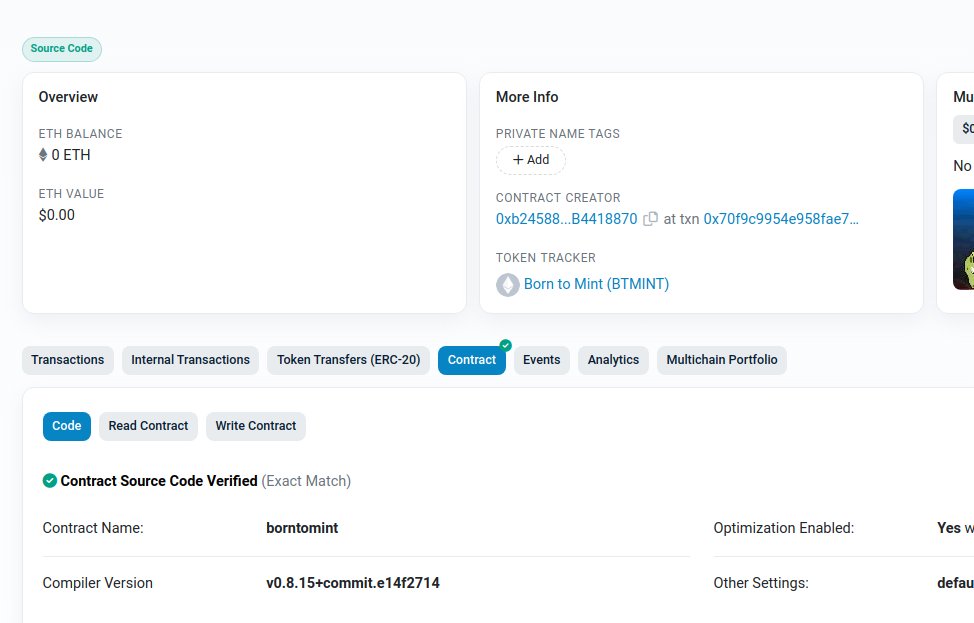 borntomint's tweet photo. Good news. The contract for Born to Mint (BTMINT) 0xF6A6269Ba1cac7C9487b174eB68C8175e54dab1B has just been verified in Etherscan and can be publicly audited as of now. https://t.co/WaJz8r0BWN