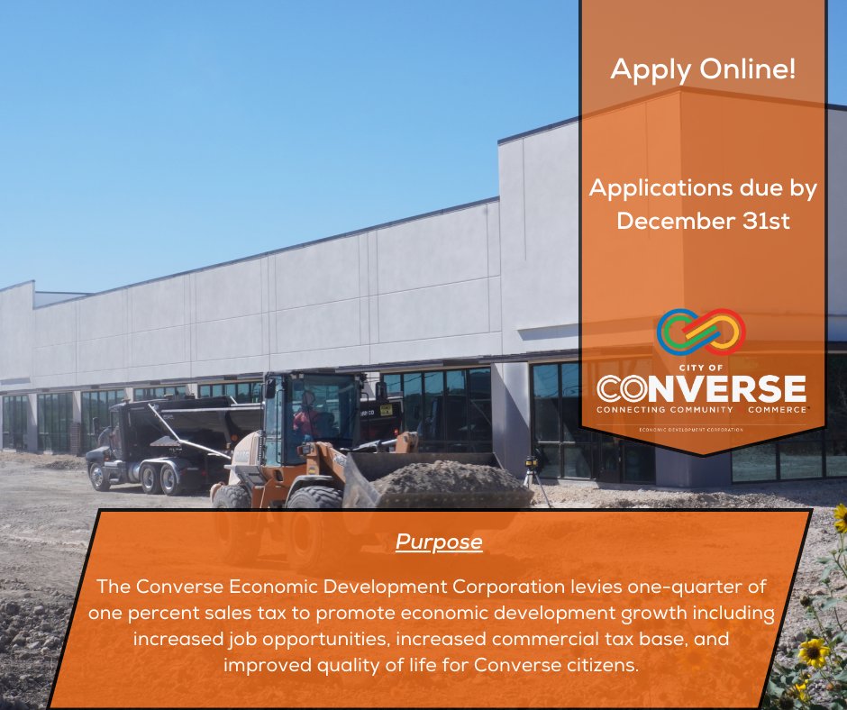 🚨🚨🚨Last call for applications!🚨🚨🚨

The Converse EDC has a vacant seat open on its board of directors and it's ready to be filled by an enthusiastic resident. If you have a passion for Converse and want to be a part of its growth, then apply online at conversetx.net/forms.aspx?FID…