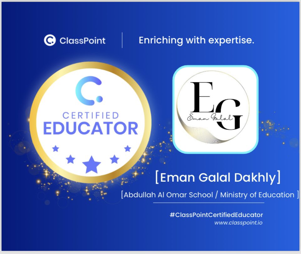 Emgalal's tweet photo. Hi Eman Galal Dakhly,  Congratulations! We are excited to award you with your new title: ClassPoint Certified Educator! ✨✨✨Thank you .I’m excited to join your community!❤️#The ClassPoint Team @ClassPointMENA @CanvaEdu @canva @MicrosoftEDU https://t.co/ExJKUtgp34