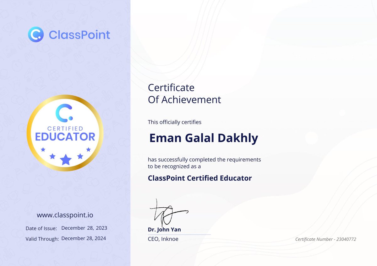 Emgalal's tweet photo. Hi Eman Galal Dakhly,  Congratulations! We are excited to award you with your new title: ClassPoint Certified Educator! ✨✨✨Thank you .I’m excited to join your community!❤️#The ClassPoint Team @ClassPointMENA @CanvaEdu @canva @MicrosoftEDU https://t.co/ExJKUtgp34
