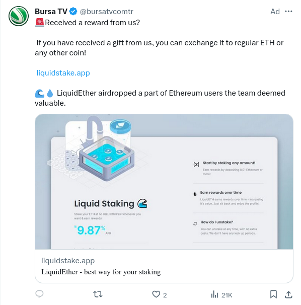 malwrhunterteam's tweet photo. Just got an ad from @bursatvcomtr, promoting a scam: https://twitter[.]com/bursatvcomtr/status/1740418731895926858
So looks their account was also pwned sometimes...
🤷‍♂️
@1ZRR4H https://t.co/qv684MewwS