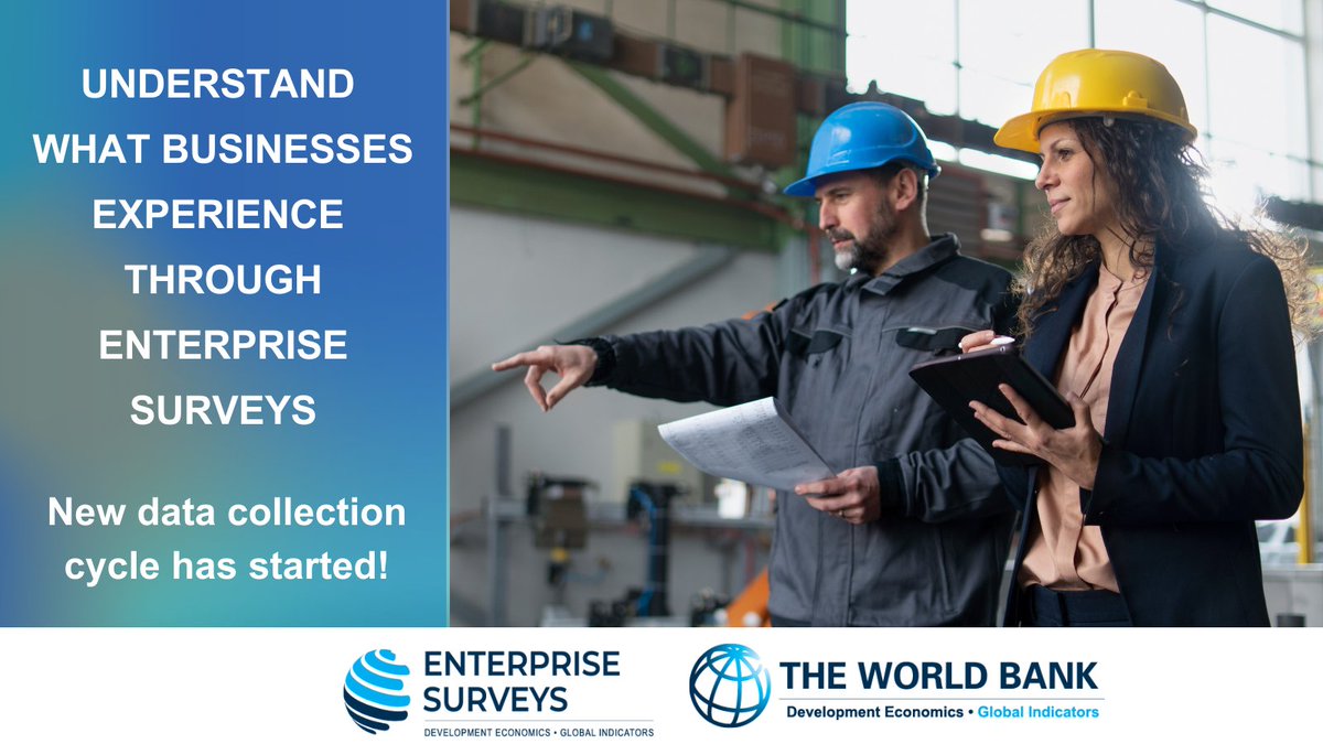 The World Bank Enterprise Surveys just launched new data collection in more than 60 economies, aiming to understand what business establishments experience.  

👉 wrld.bg/NIIk50QjMEY