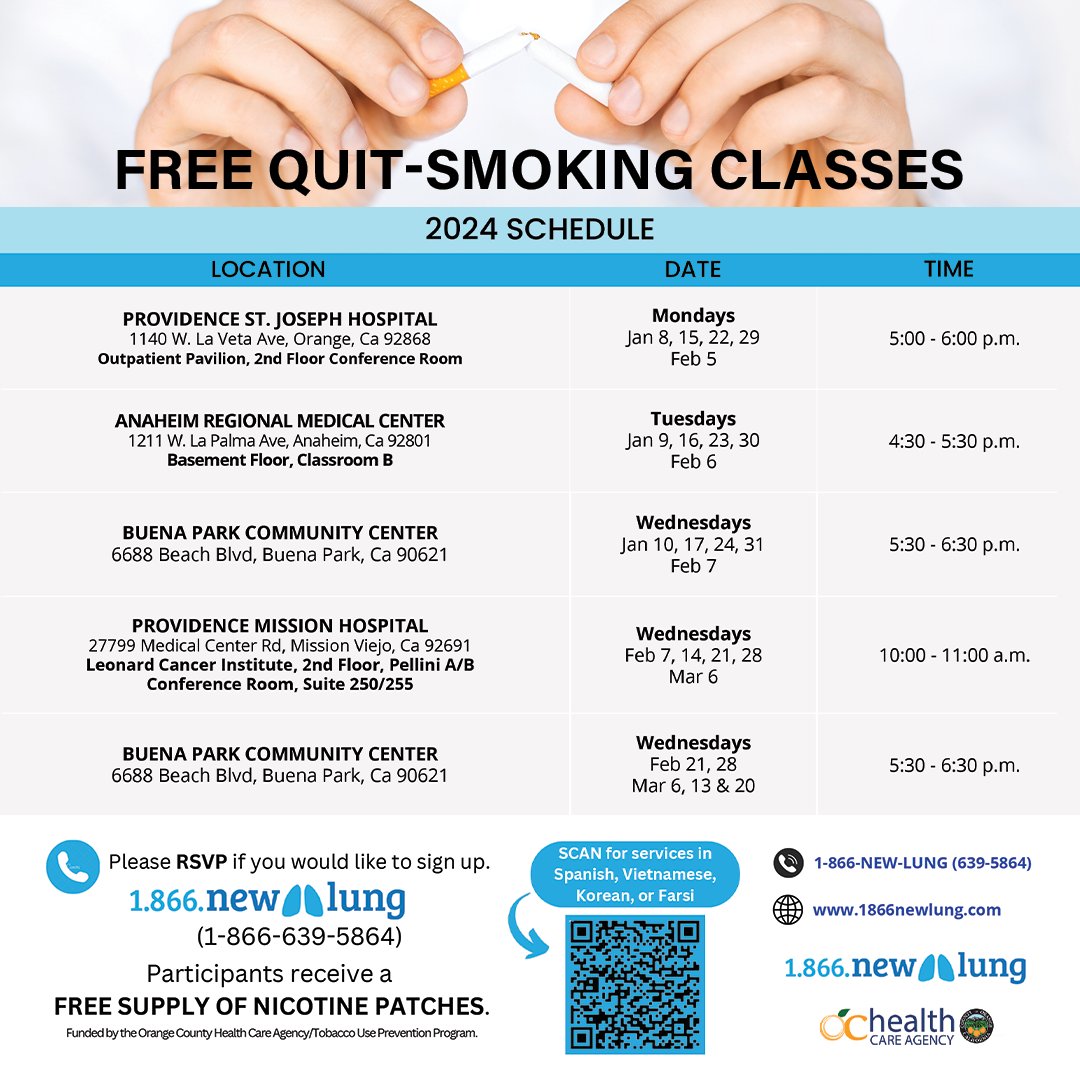 Check out the new schedule of FREE quit smoking classes in Orange County! Participants receive a FREE supply of nicotine patches, a quit kit and a personalized quit plan. Reserve your spot today! Visit 1866newlung.com for information. #1866newlung