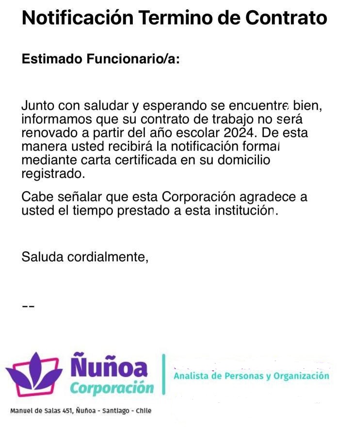 WolfCaddeo's tweet photo. Este es el la consideración humana y cercana que tiene @EmiliaRiosS y la @MuniNunoa para con sus profesores que entregan todo y años para una educación de calidad.  Les notificaron x email que estaban despedidos.... UNA VERGUENZA!!!
#Nunoa https://t.co/WoA5jqujpG