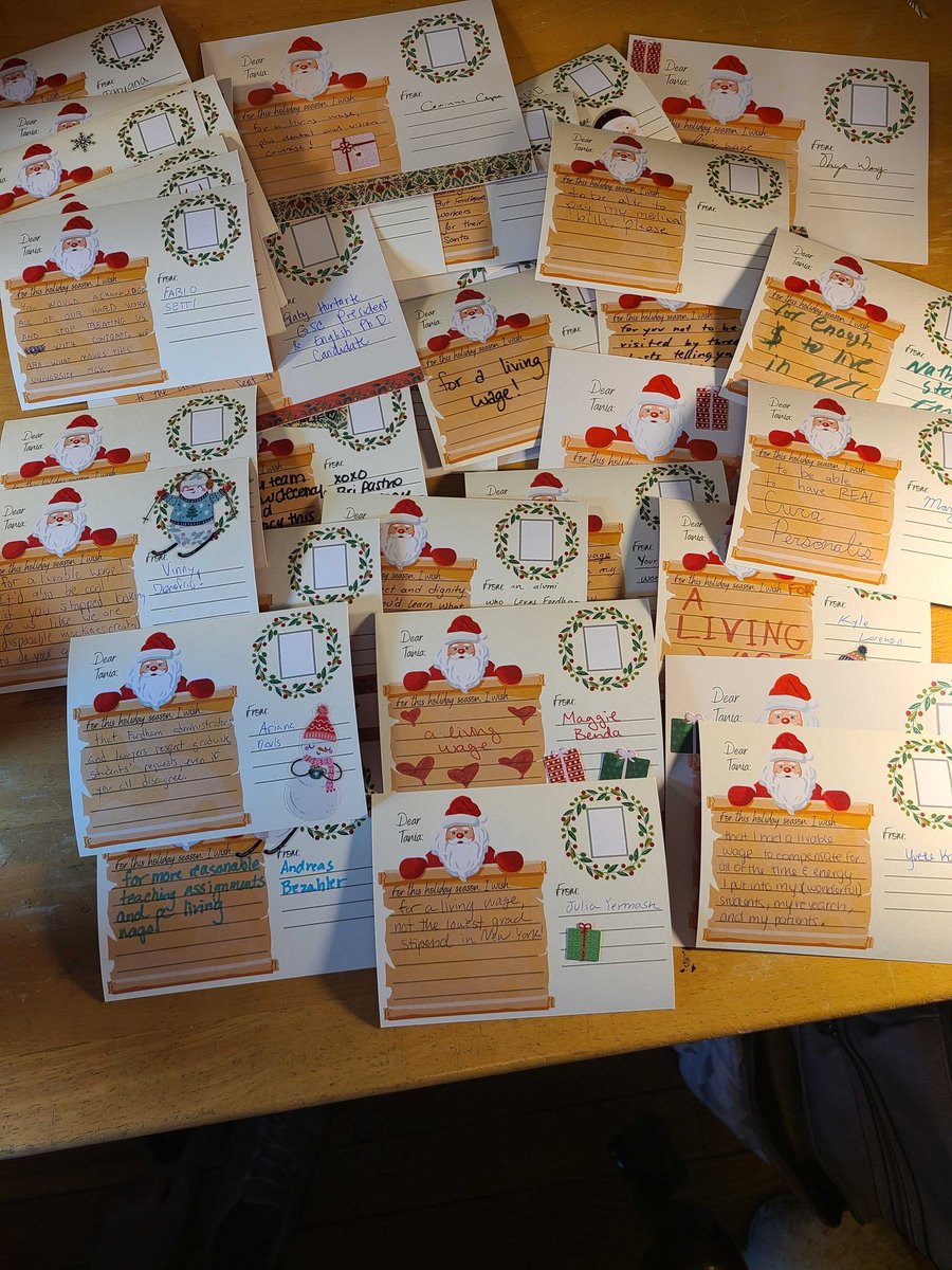 FordhamGSW's tweet photo. Happy Holidays from FGSW! Our workers got together to write holiday cards for President Tetlow to let her know what we need going into 2024! https://t.co/aFgCnsisTQ