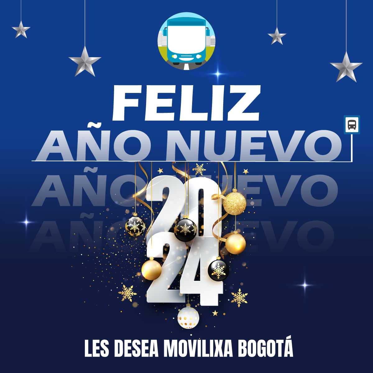 transmisitp's tweet photo. Que el nuevo año traiga consigo momentos inolvidables. ¡Feliz Año Nuevo les desea MoviliXa Bogotá! 🎉
#2024 #MovilixaBogota #TransmiSitp https://t.co/ZF1DQ9L3P0