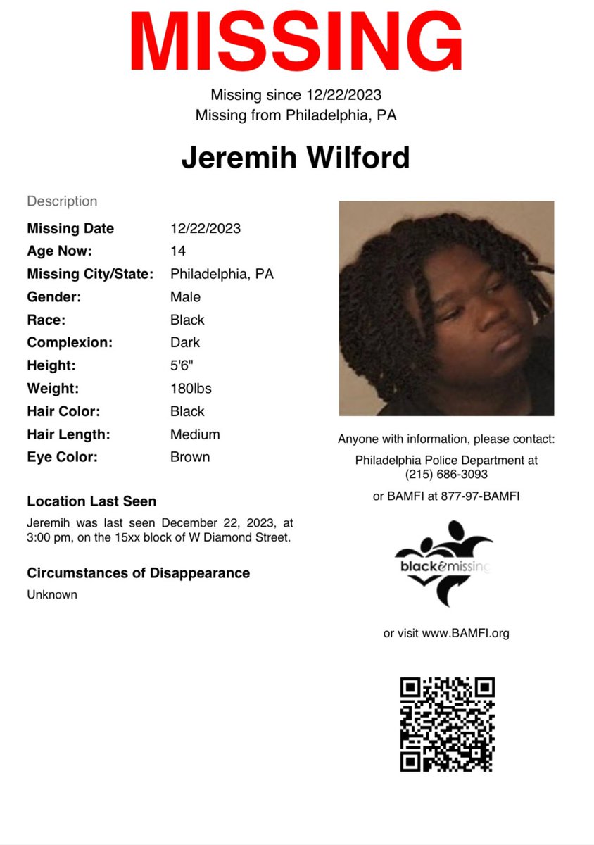 Philadelphia, PA: 14y/o Jeremih Wilford was last seen on December 22nd at 3pm on the 15th blk of W Diamond Street. #HelpUsFindUs #JeremihWilford
