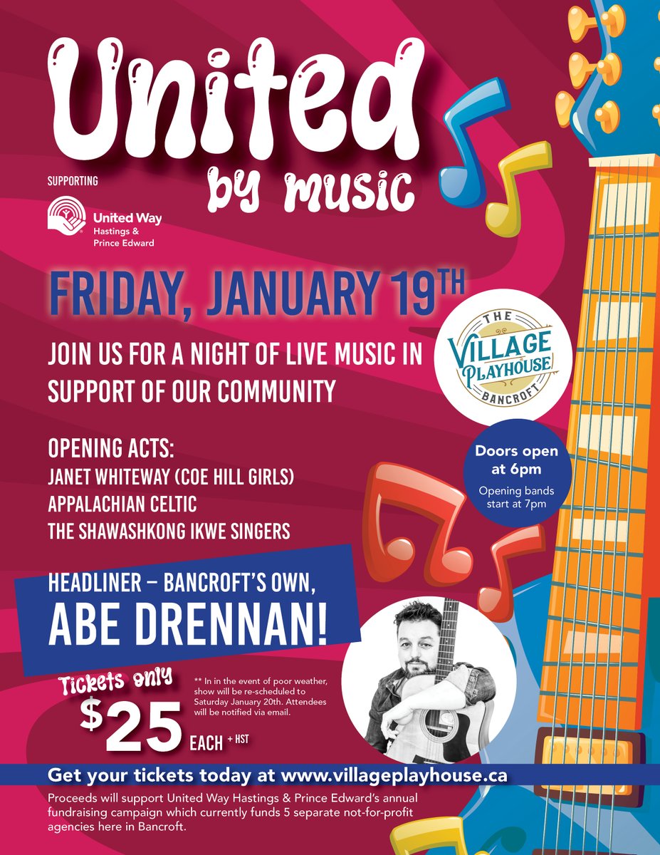 StephenPetrick's tweet photo. @TweedandCompany and @unitedwayhpe
present #UnitedbyMusic in Bancroft. Headliner
@abedrennan. A night to raise funds and learn more about United Way-funded agencies in North Hastings. https://t.co/WMKsLLza0f