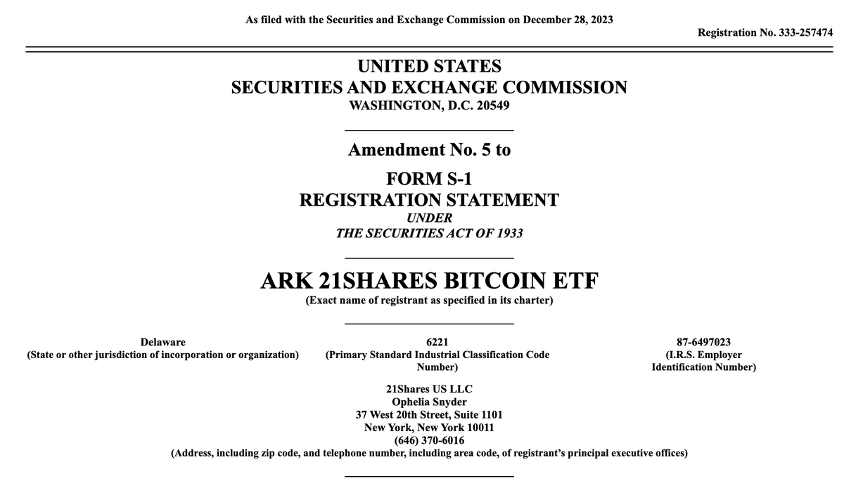BitcoinMagazine's tweet photo. JUST IN: 🇺🇸 ARK 21Shares filed it's fifth amendment to it's spot #Bitcoin ETF with the SEC.

Final one before approval? 👀