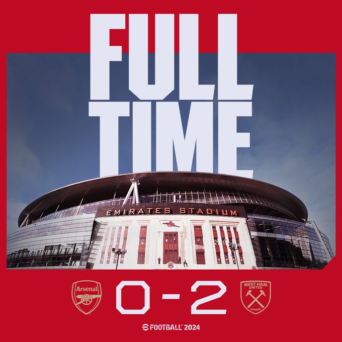 Full time: Arsenal 0-2 West Ham