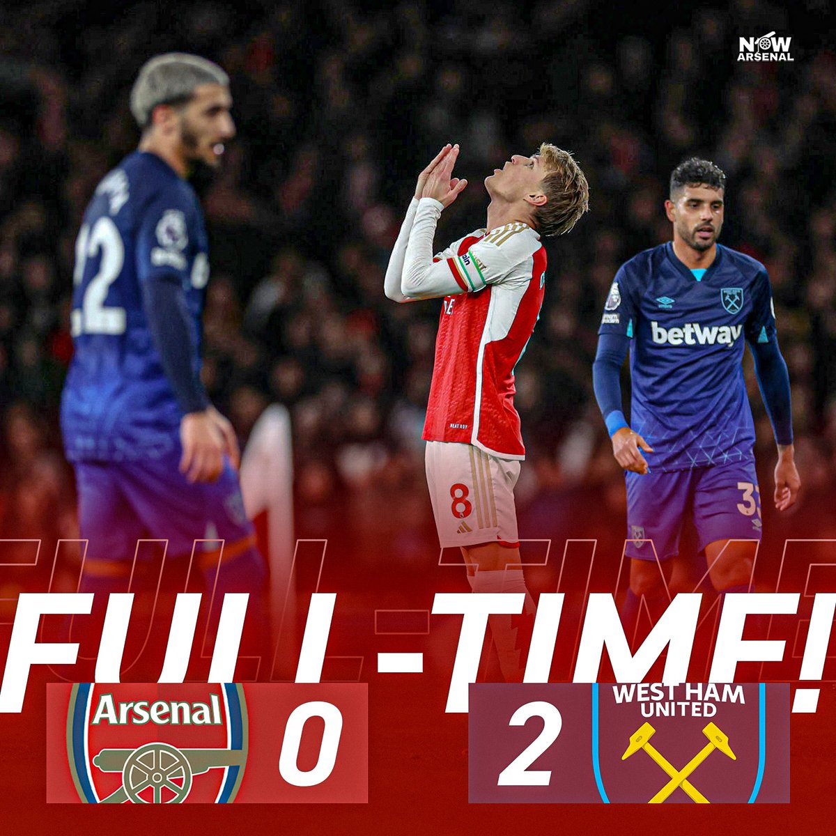 now_arsenaI's tweet image. FT: Arsenal 0-2 West Ham

Play like that again this season and we have no hope of winning our first league title in 20 years.

Ødegaard was good, everyone else was so poor. Trossard and Martinelli were extremely bad.

Thoughts on the defeat? #afc