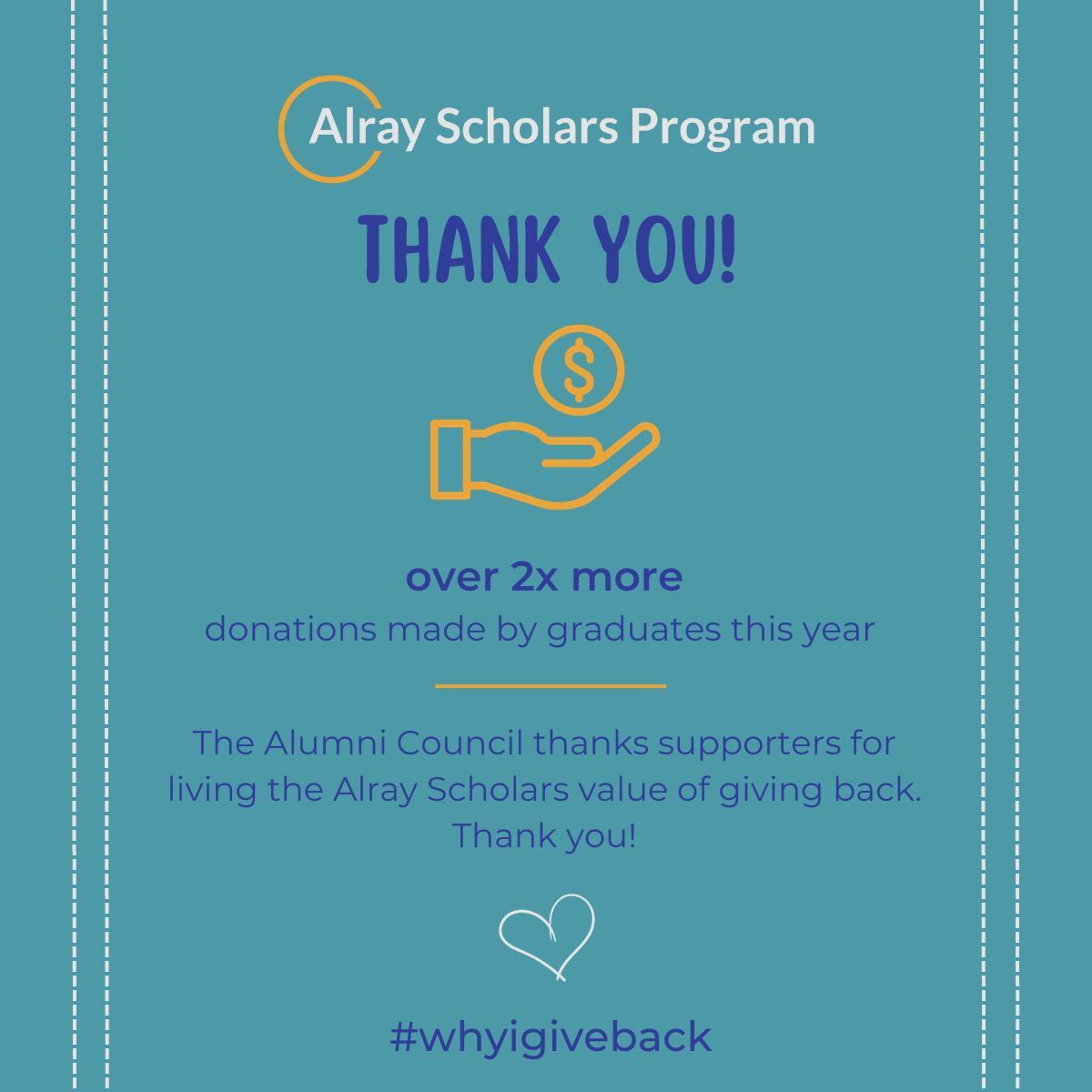 AlrayScholars's tweet image. 📣 With the year coming to a close, so is the Alumni Council social media takeover. 🎉 Our goal was to help spread the word about #AlrayScholars &amp;amp; in the process, more #AlrayAlumni made donations this year compared to last year! THANK YOU AGAIN! 🫶 #whyigiveback #graduategiving