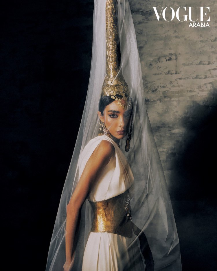 Custom Tantour headpiece by Joe Challita couture for Vogue Arabia, inspired  by ancient Lebanese headdresses. Gold bustier & gown by Krikor Jabotian.