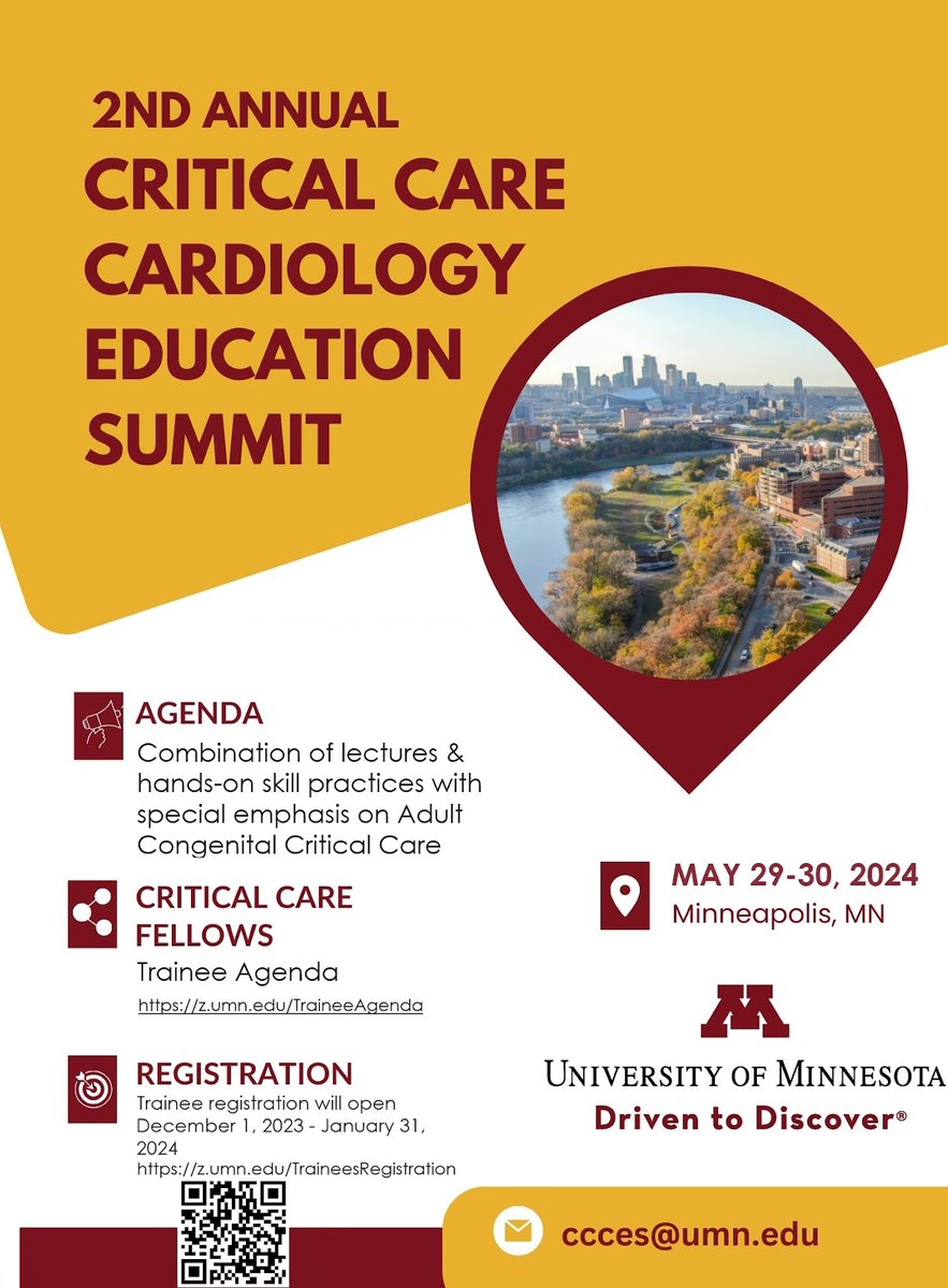 Registration is still open with limited spots available. Come join us for a great educational summit highlighting our adult congenital patient population and hands on workshops! #CCCES24 #CardsCritCare #Cardiology sites.google.com/umn.edu/ccces2…