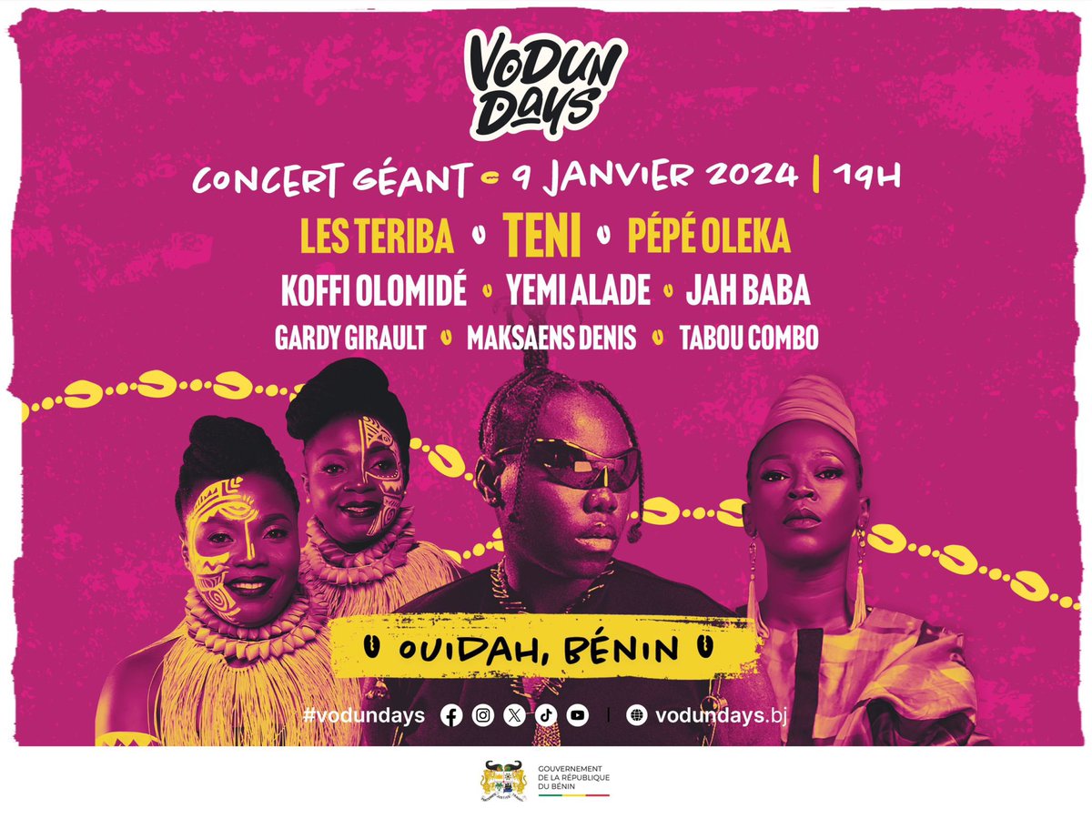 Les #VodunDays c'est avant tout un géant concert le 9 Janvier sur la plage de Ouidah 🥳 Au programme, de grands noms de la musique au plan national et à l'international ✨ Apprêtez-vous ! Ça va être incroyable 🔥 #benin #ouidah #wasexo