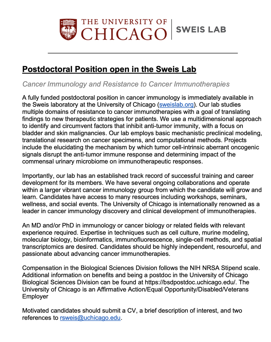 Fully funded postdoctoral scholar positions are now open in our lab in Chicago. We study multiple domains of resistance to cancer immunotherapies with a goal of translating findings to new treatments for patients. sweislab.org linkedin.com/hiring/jobs/37…