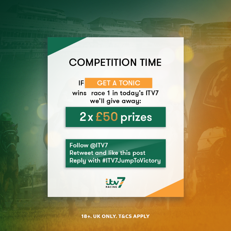 ITV7Racing's tweet photo. 🚨 COMPETITION 🚨

If 𝗚𝗲𝘁 𝗔 𝗧𝗼𝗻𝗶𝗰 wins the opening race of Saturday's #ITV7 round, we will give two entries a £50 cash prize 💷

To enter, simply follow @itv7, Repost &amp; like this post &amp; reply with #ITV7JumpToVictory 🏇

T&amp;Cs apply 🔗⬇️ #ITVRacing