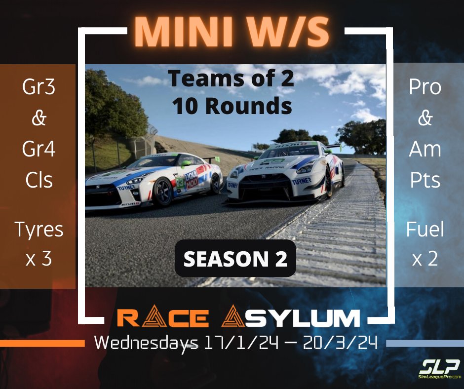 race_asylum's tweet photo. Mini World Series - Season 2

Back for another season of team multiclass 

-teams of 2 - select 1 Manufacturer
-1 in Gr3 and 1 in Gr4
-10 Rds of 60 min endurance races
-3 Championships on the table - Teams, Class, Manu

Wed 17th Jan 24 - Wed 20th March 24

https://t.co/gymSeoWsUy https://t.co/vhtuke1gq0
