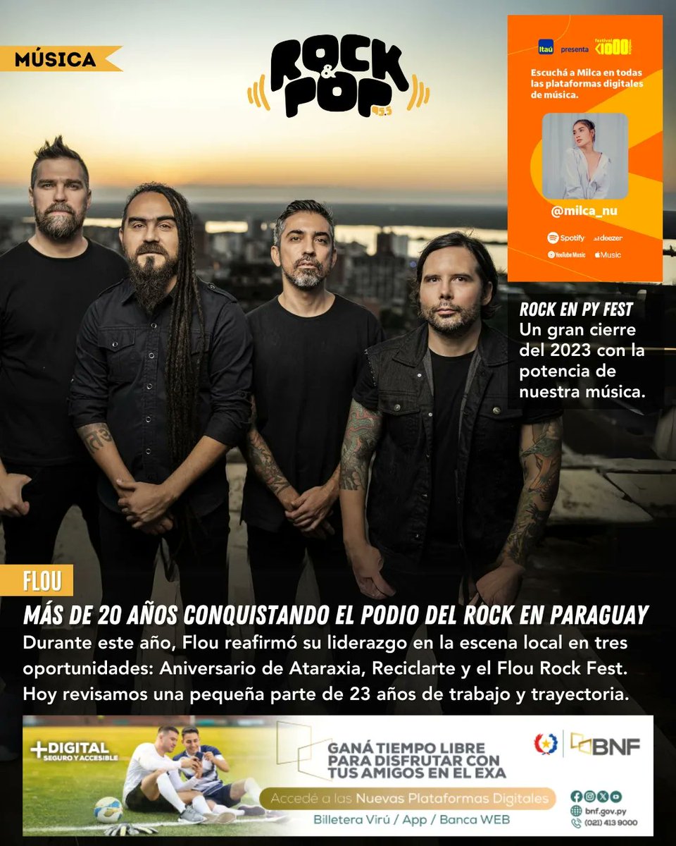 Tapa 28/12/23 🗓️: <a href="/floumusic/">FLOU</a> 🎸 este año con la celebración de los 2️⃣0️⃣ años de «Ataraxia» 📀, el <a href="/ReciclArtePY/">Pilsen ReciclArte</a> 🍻🎸 y el <a href="/FRFParaguay/">FRF Paraguay</a> 🔥🎸 reafirmó su liderazgo y fortaleció su trayectoria en la escena local 🇵🇾

Leé más en: linktr.ee/rockandpoppy 📲💻

#RockandPop 🎸
#955FM ⚡