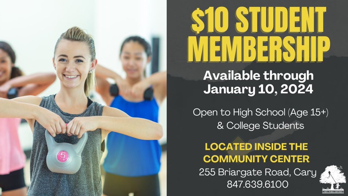 Maintain your fitness goals while on winter break! High school and college students are eligible for our $10 Student Membership to the Cary Park District Fitness Center. Visit buff.ly/3TxDXmA for more information.

#FitnessCenter #CaryParkDistrict #FitnessSpecial