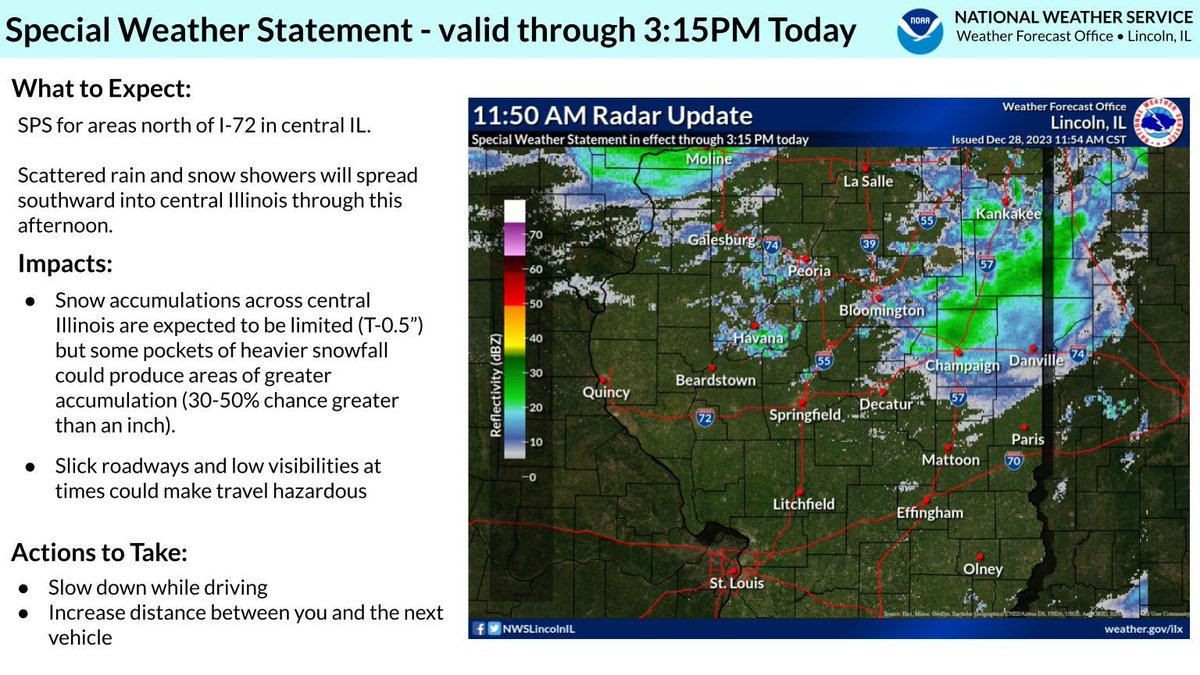 SPS for areas N of I-72 in central IL. Scattered rain and snow showers will spread southward into central IL through this afternoon. Heavier snow showers could produce some spotty accumulations, briefly slick roadways, and low visibilities.