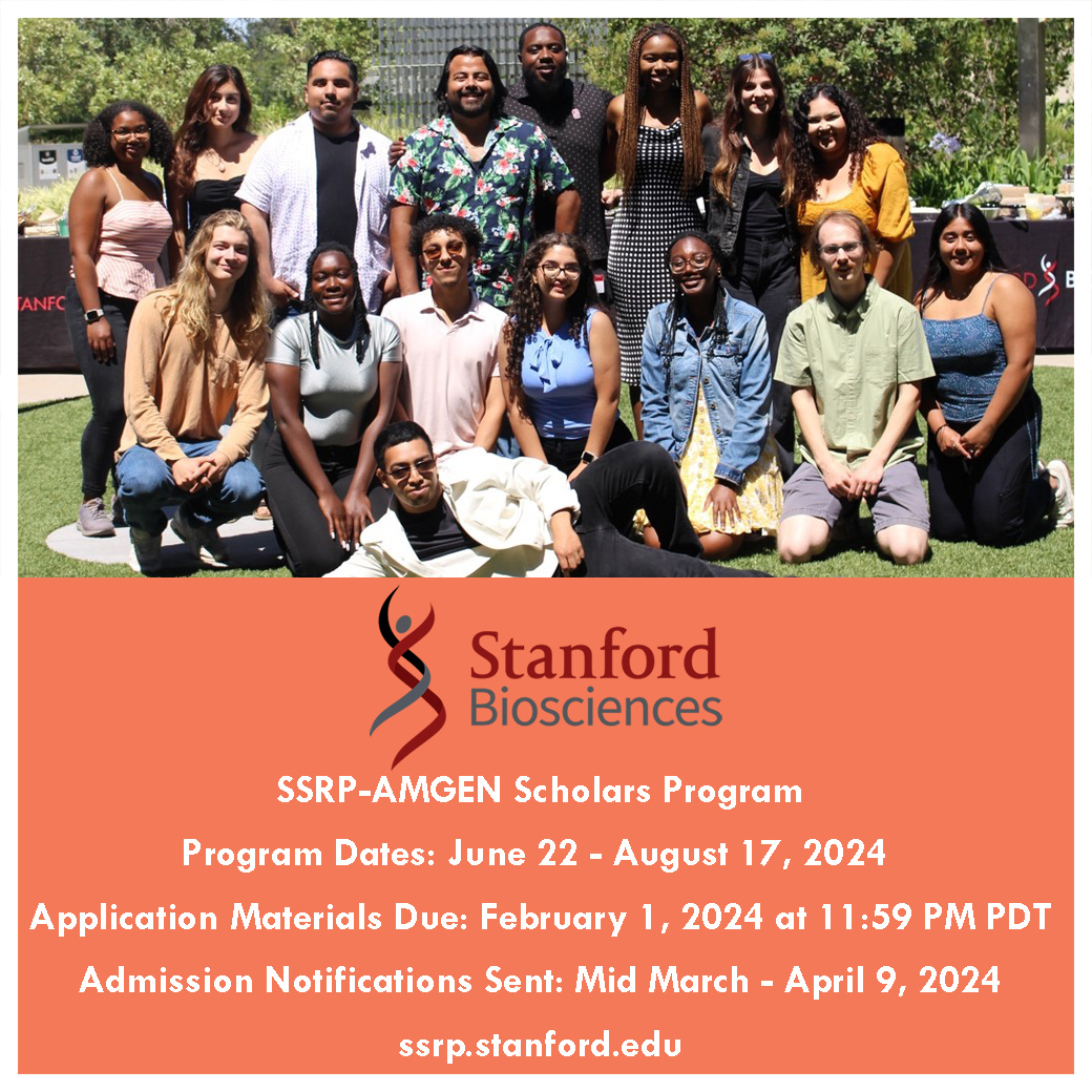StanfordBiosci's tweet image. Applications are open for the 2024 Stanford Summer Research Program (#SSRP). 📝 #SSRPAMGENScholars are fully-funded, on this research-intensive, eight-week summer journey taking place on @Stanford’s campus

💡 Learn more at ssrp.stanford.edu. Apply by February 1st, 2024