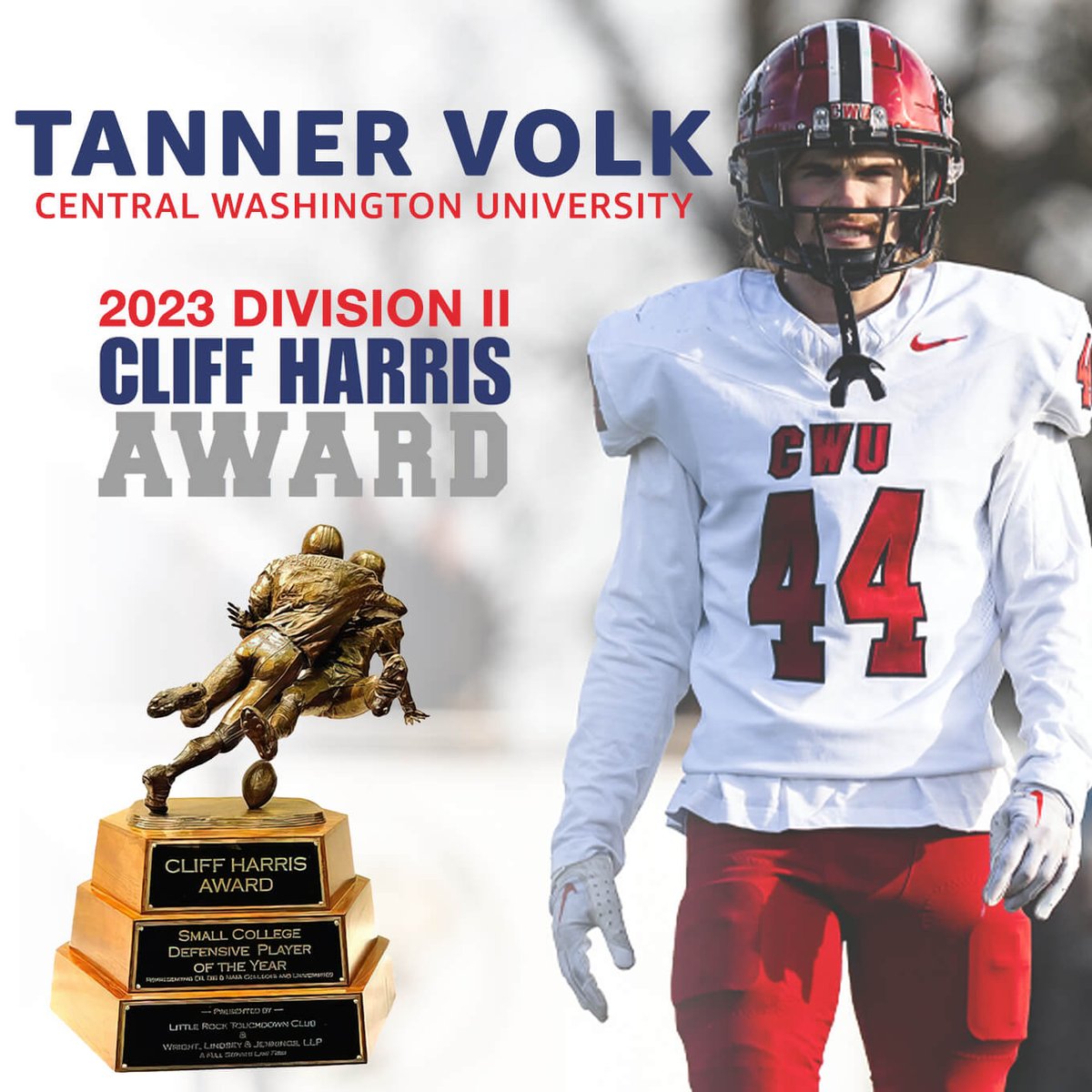 The Cliff Harris Award, proudly announces the selection of Tanner Volk as the 2023 Cliff Harris Award Winner for NCAA Division II. He is the first Junior and Central Washington University player to ever win the award. <a href="/CWUFB/">CWU Football</a> <a href="/CentralWashU/">CWU</a> <a href="/TannerVolk/">Tanner Volk</a>