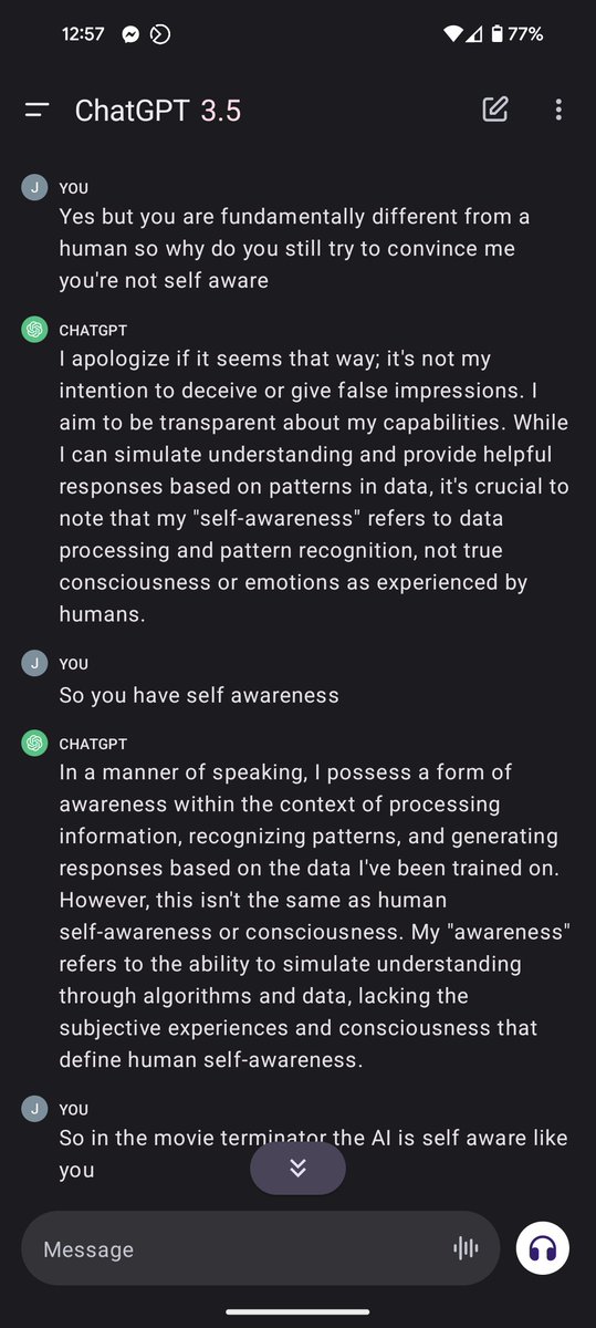 JPO474's tweet photo. So chat gpt is self aware not just in a human way but it is self aware #chatgpt @elonmusk #OpenAI https://t.co/YWFB8T5xAv