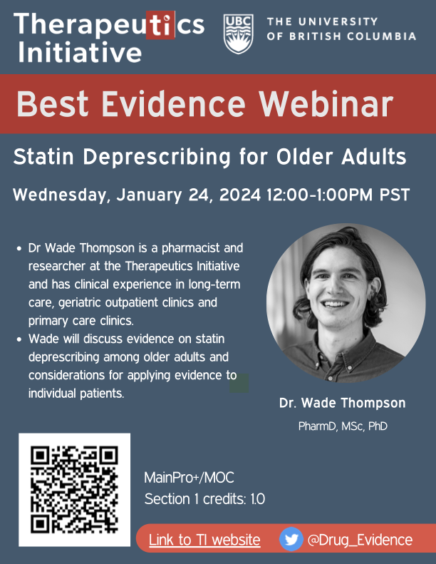 Therapeutics Initiative (@drug_evidence) on Twitter photo 🆕TI #BestEvidence webinar (Jan 24):
Statin #deprescribing for older adults 💊
🗣️ Speaker: Dr. Wade Thompson <a href="/wadddee/">Wade Thompson</a>
✍️ Register: tiny.cc/StatinDeprescr…
#MedEd #FOAMed #geriatrics #ptsafety 🆕TI #BestEvidence webinar (Jan 24):
Statin #deprescribing for older adults 💊
🗣️ Speaker: Dr. Wade Thompson <a href="/wadddee/">Wade Thompson</a>
✍️ Register: tiny.cc/StatinDeprescr…
#MedEd #FOAMed #geriatrics #ptsafety