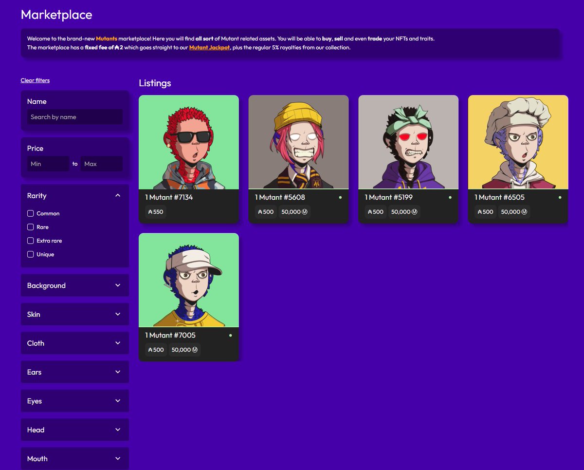 MutantNFTs's tweet photo. Introducing the Mutant Marketplace 

- Buy, sell, and trade Mutant NFTs and traits with $MUTANT and/or ADA.  
- Detailed lists of perks and traits for every NFT!  
- Bulk list your assets effortlessly.
- Mutant Marketplace Jackpot: With a fixed 2 ADA fee from every sale, the jackpot draw after 100 ADA accumulates. Winner takes it all! (Royalties not included; only Mutant holders eligible)

Explore: https://t.co/MSrUOpQXSY

Stay tuned as we will keep updating our marketplace/trait shop. If you find any bugs please report to us via discord ticket/Twitter DMs (links in bio)