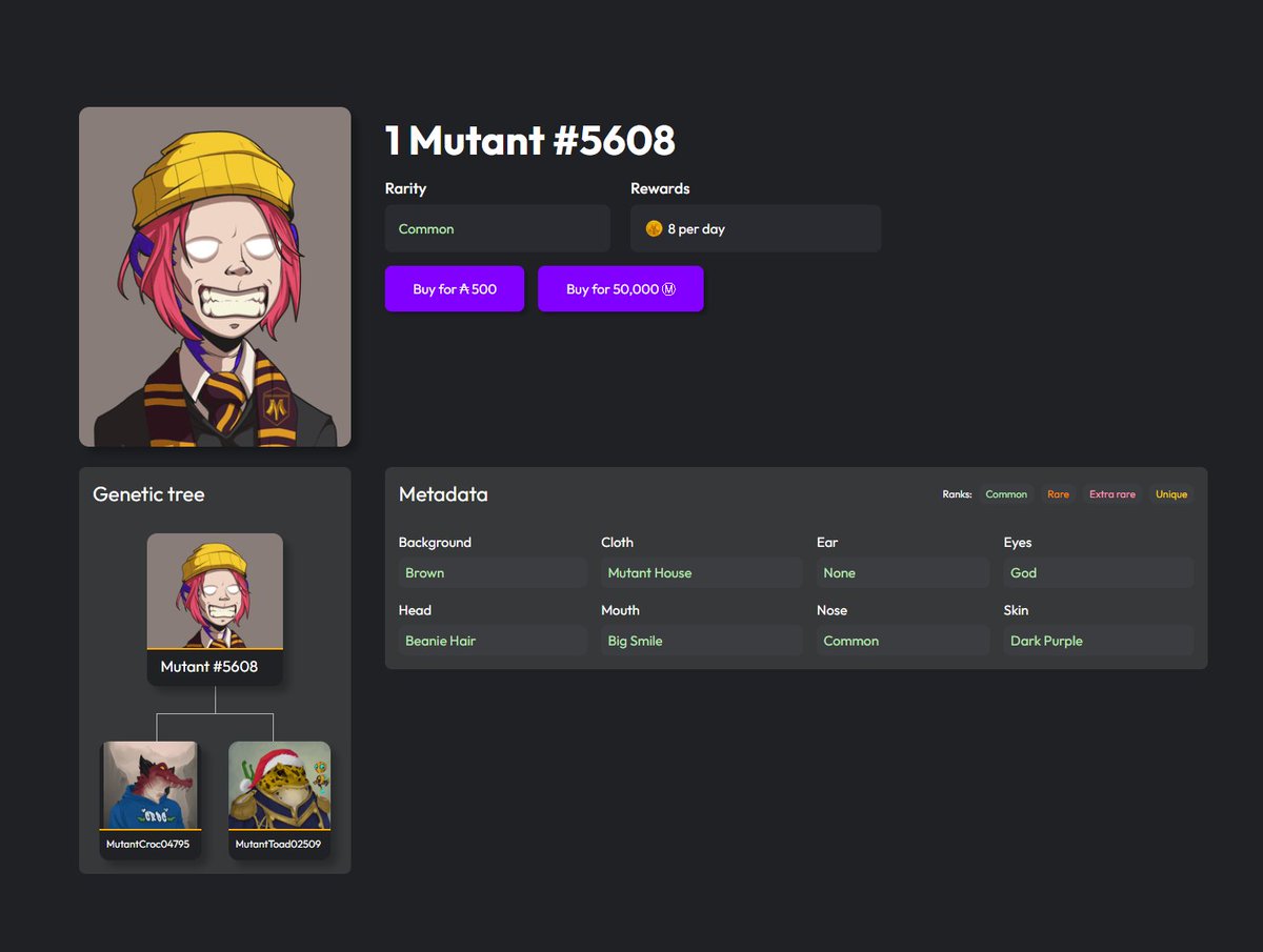 Introducing the Mutant Marketplace 

- Buy, sell, and trade Mutant NFTs and traits with $MUTANT and/or ADA.  
- Detailed lists of perks and traits for every NFT!  
- Bulk list your assets effortlessly.
- Mutant Marketplace Jackpot: With a fixed 2 ADA fee from every sale, the