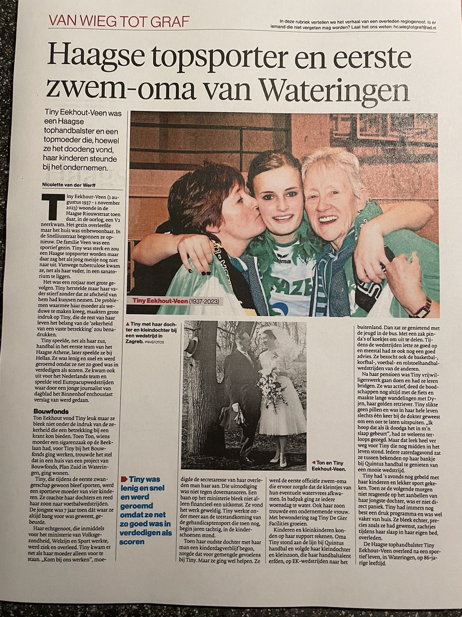 Een mooi eerbetoon in het AD van onze lieve sociale moeder en trotse oma. Een sportfanaat en liefhebber van mooie handbalwedstrijden.