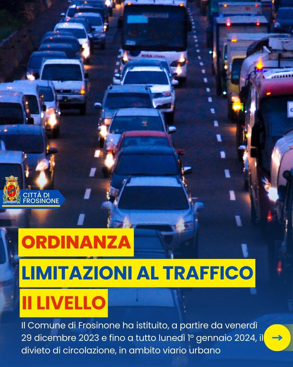 Il Comune di Frosinone ha istituito, a partire da venerdì 29 dicembre 2023 e fino a tutto lunedì 1° gennaio 2024, il divieto di circolazione, in ambito viario urbano

Il testo integrale dell'ordinanza è sull'albo pretorio al link servizi.comune.frosinone.it/openweb/albo/a….