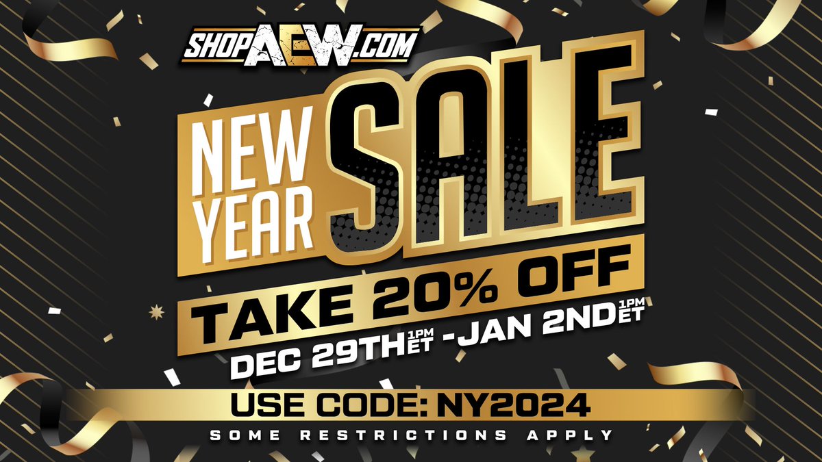 The ShopAEW.com New Year Sale begins TOMORROW at 1pm ET! At that time, you can save 20% on your order using code: NY2024 #shopaew #aew #aewdynamite #aewrampage #aewcollision