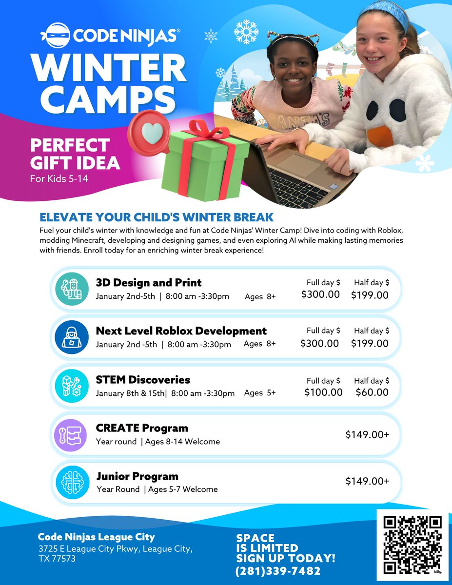 CodeNinjas4's tweet image. Spots are still available for WINTER CAMPS!!! Give a gift of Technology camp to your kids.