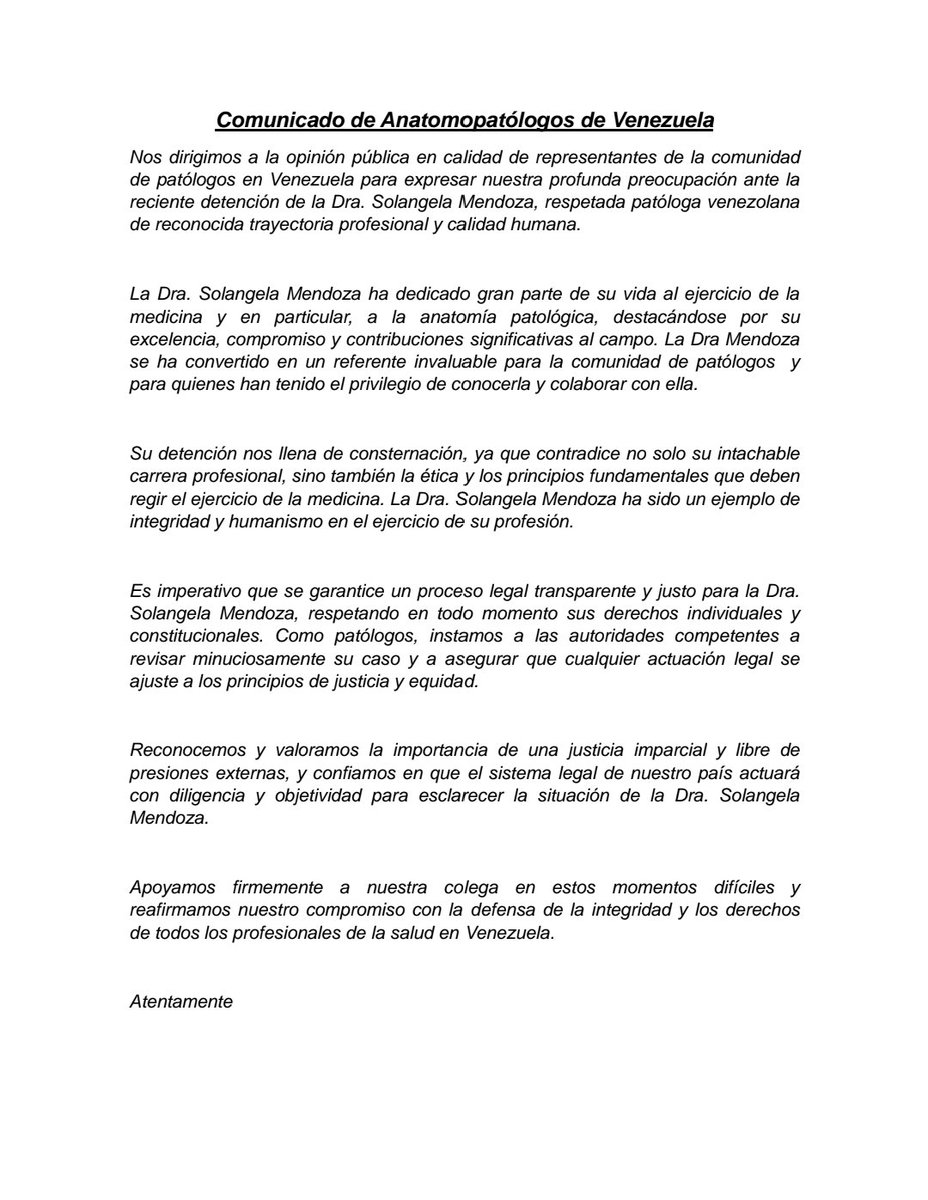 elopezloyo's tweet photo. A propósito del caso de la colega Solangela Mendoza, de conocida impecable trayectoria profesional, los Anatomopatólogos de Venezuela solicitamos que se respeten  el debido proceso y sus derechos humanos fundamentales. https://t.co/R6DKQoGdNc