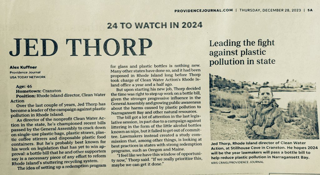 Devine009's tweet photo. From today's ProJo. 24 to watch in 2024. Nice job, Jed Thorp! #2024legislation #CleanWaterAction #NipBill #BottleBillRI #NarragansettBay #PFAS  #bottlebills #PlasticPollution @cleanwater_ri @bridget4ri @SenWhitehouse @repmcentee33 @RIHouseofReps @RISenate @SaveTheBayRI https://t.co/HtyvZuUsag