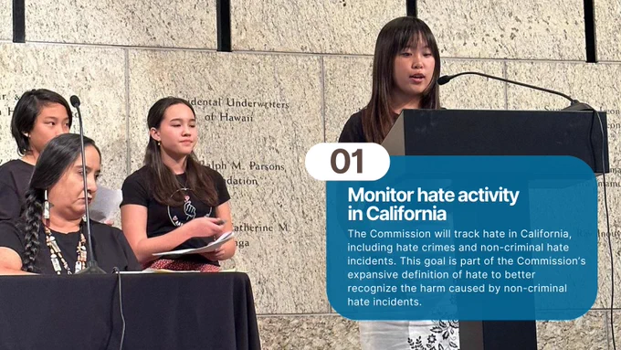 A presentation from Asian Americans and Pacific Islander (AAPI) Youth Rising on bullying at the California Commission on the State of Hate Community Forum in Los Angeles. Text over photo: Goal 1. Monitor hate activity. The Commission will track hate in California, including hate crimes and non-criminal hate incidents. This goal is part of the Commission’s expansive definition of hate to better recognize the harm caused by non-criminal hate incidents.