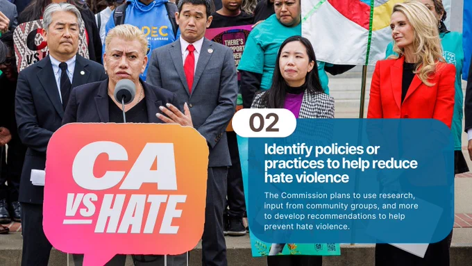 Commissioner Bamby Salcedo speaking at the California Versus Hate Launch in Sacramento. Text over photo: Goal 2. Identify policies or practices to help reduce hate violence. The Commission plans to use research, input from community groups, and more to develop recommendations to help prevent hate violence. 