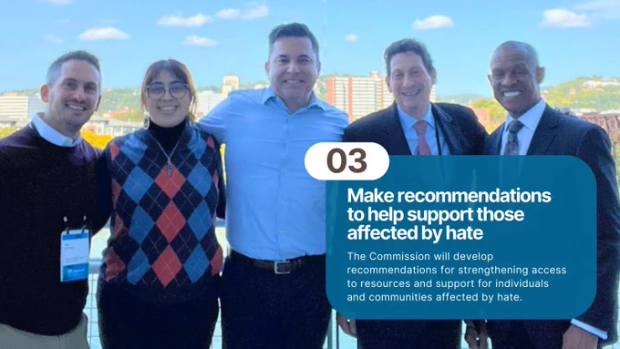Commissioners and California Civil Rights Department Staff smile at an anti-hate conference. Text over photo: Goal 3. Make recommendations to help support those affected by hate. The Commission will develop recommendations for strengthening access to resources and support for individuals and communities affected by hate. 