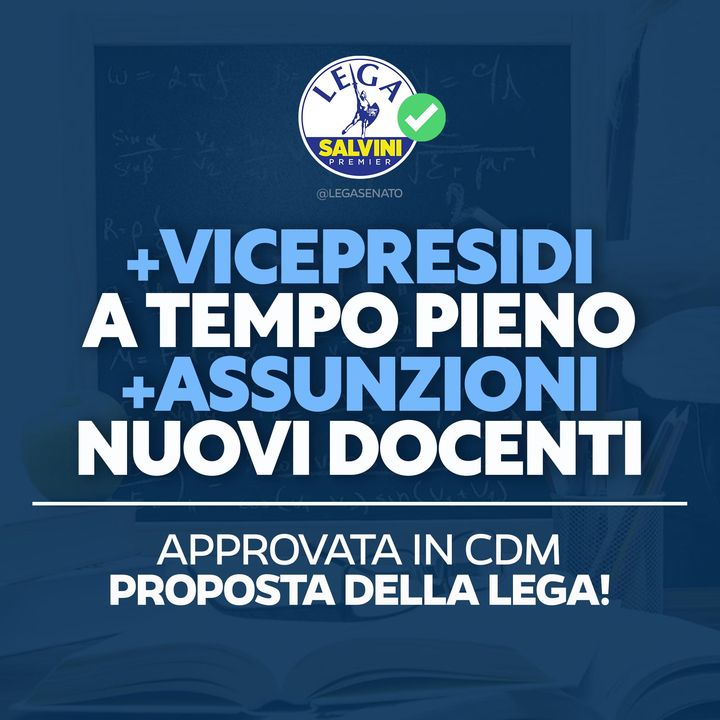 ☑️ Il Consiglio dei Ministri approva la proposta della Lega: finalmente i vicepresidi che svolgono funzioni amministrative potranno chiedere di essere esonerati dall’insegnamento. Si dà, così, continuità alla didattica, si garantisce una… facebook.com/26303789598737…